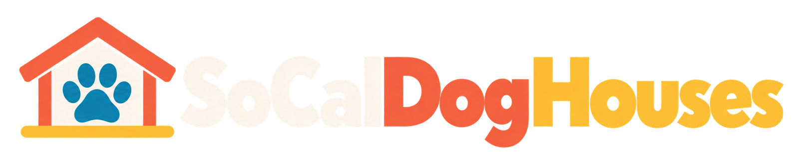 SoCal Dog Houses logo featuring a doghouse with a blue paw print and coral and yellow accents